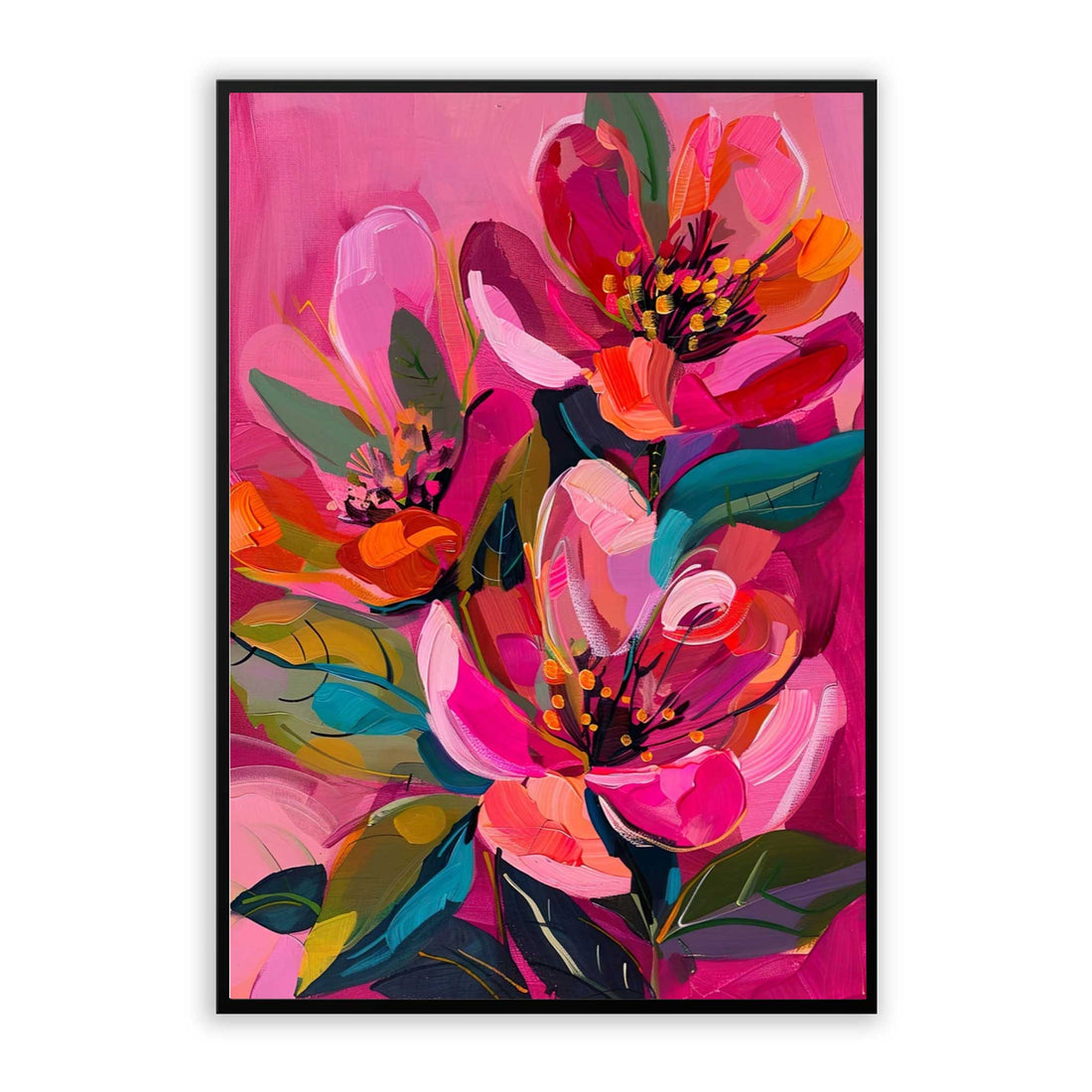 Big Pink Floral Wall Art featuring big pink peony flowers in black frame