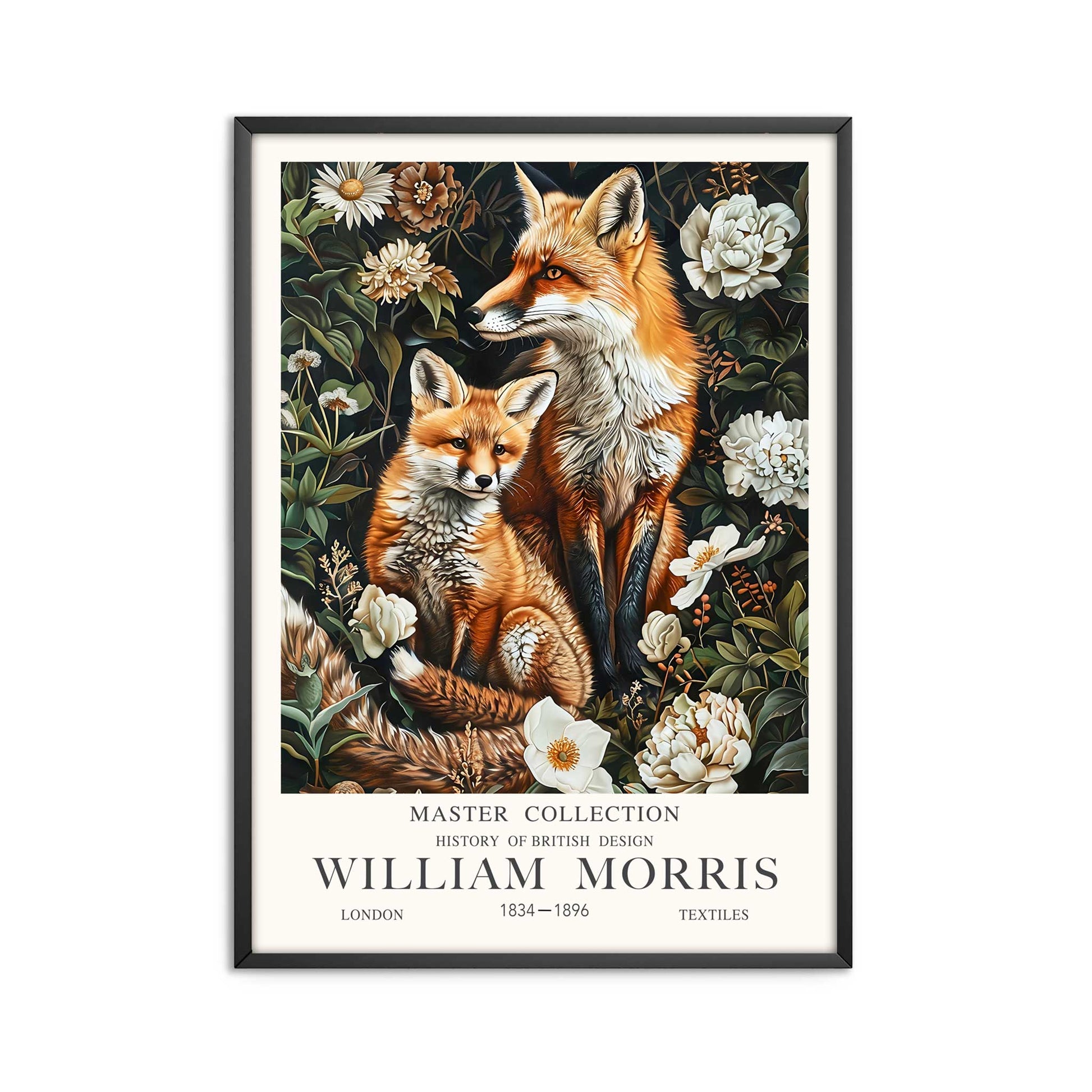 Framed Fox and Cub Wall Art featuring two foxes surrounded by woodland flowers and botanical foliage in the William Morris style. A ready-to-hang print for woodland decor, forest-inspired homes, cottage interiors and wildlife lovers.