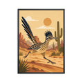 retro Greater Roadrunner desert art print. Features a mid-century modern running bird illustration with a terracotta cactus landscape.