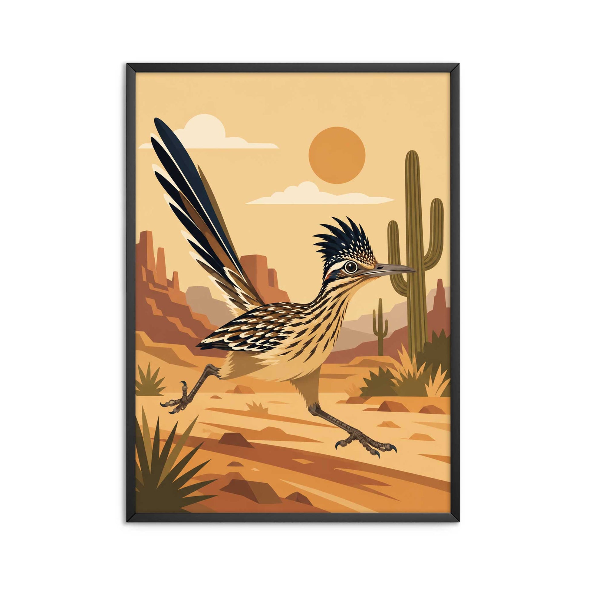 retro Greater Roadrunner desert art print. Features a mid-century modern running bird illustration with a terracotta cactus landscape.