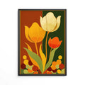 Vintage 1970s style mid century modern graphic art print featuring three stylized tulip flowers in yellow, cream, and orange with long flowing leaves. The backdrop is split vertically into burnt orange-brown and dark green panels, with a cluster of retro multi-colored circles arranged across the bottom border.