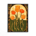 Mid century modern 1970s retro style art print featuring a bouquet of five stylized orange and yellow tulips on dark green leaves. The design sits inside a pale cream archway, framed by a thick black border decorated with swirling orange and gold floral patterns.