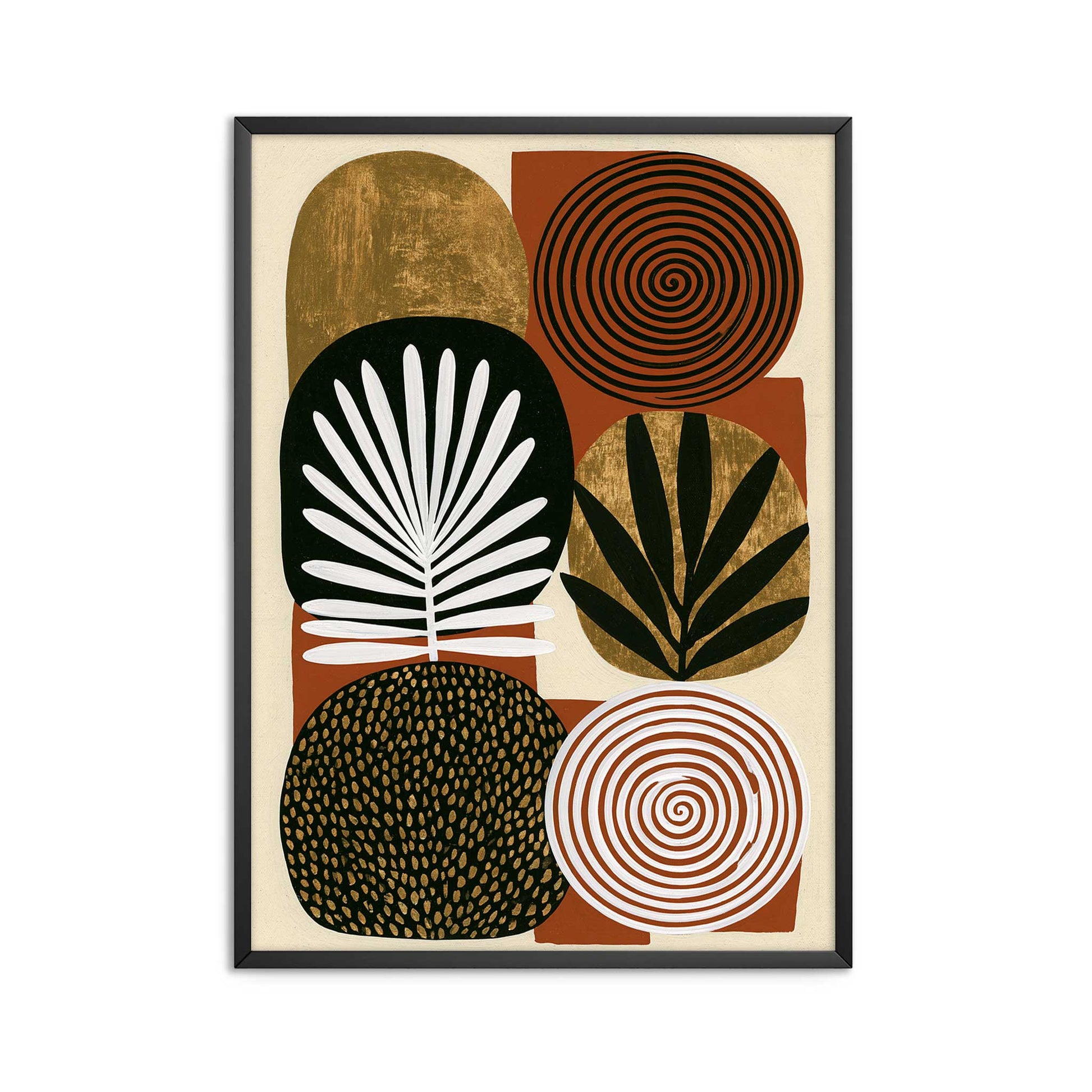 Mid century modern boho abstract art print featuring a grid arrangement of six organic, rounded geometric shapes on a terracotta rust background. Graphic textures include gold foil arches, a black spiral circle, a white concentric spiral, a gold circle with a black leaf sprig, a black oval with a white palm frond, and a dark brown oval covered in gold dots.