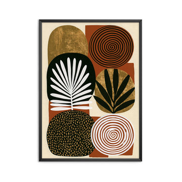 Mid century modern boho abstract art print featuring a grid arrangement of six organic, rounded geometric shapes on a terracotta rust background. Graphic textures include gold foil arches, a black spiral circle, a white concentric spiral, a gold circle with a black leaf sprig, a black oval with a white palm frond, and a dark brown oval covered in gold dots.