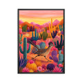 Colourful Roadrunner print with cactus plants, desert flowers and vibrant Arizona landscape in Southwest style.