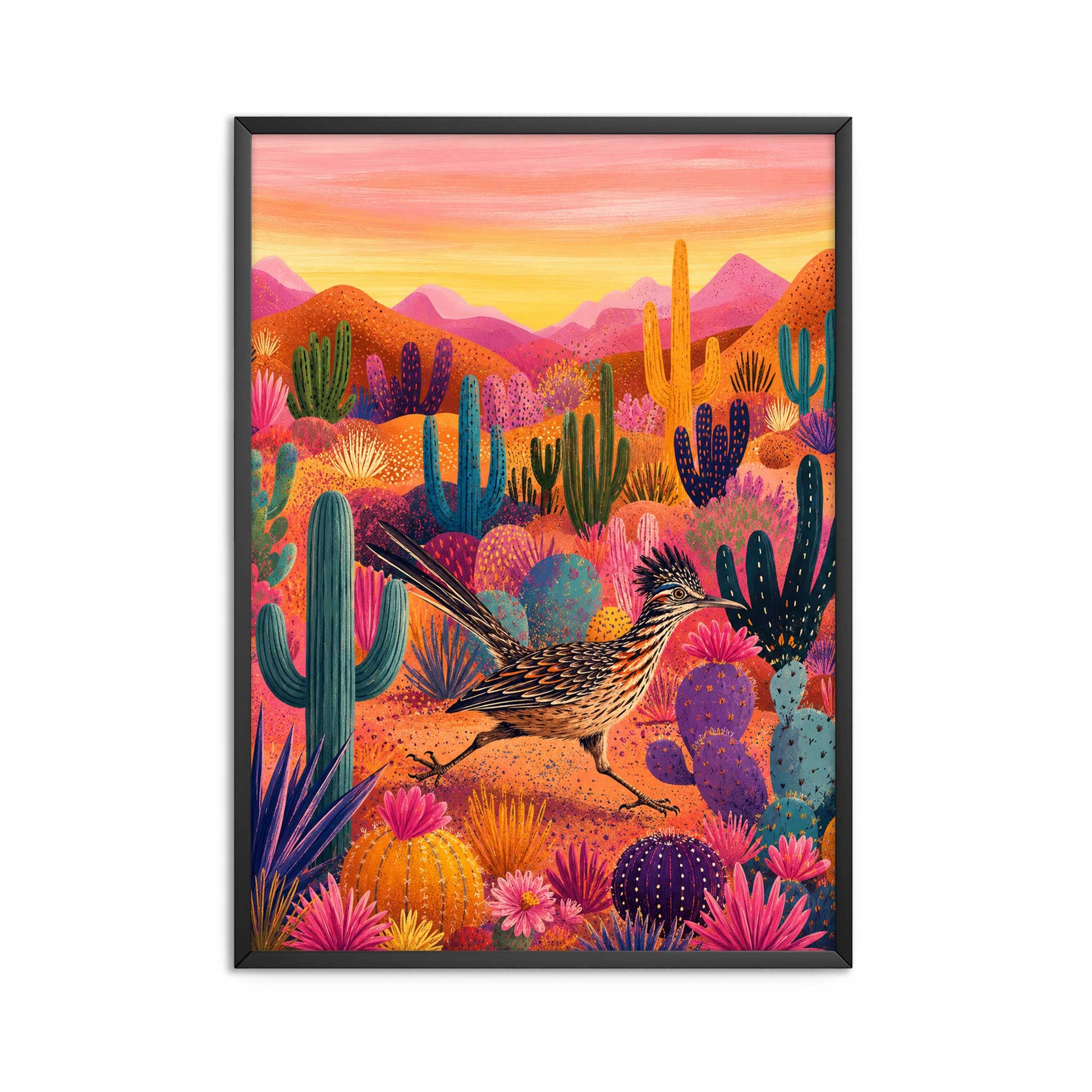 Colourful Roadrunner print with cactus plants, desert flowers and vibrant Arizona landscape in Southwest style.
