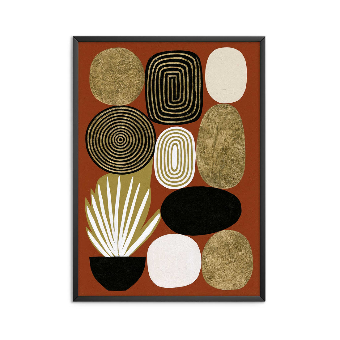 Mid century modern boho abstract art print featuring a collection of stacked geometric pebble shapes on a rust terracotta background. Designs include gold foil textured stones, black concentric circles, concentric white and gold rings, and a potted white spike plant in a black bowl