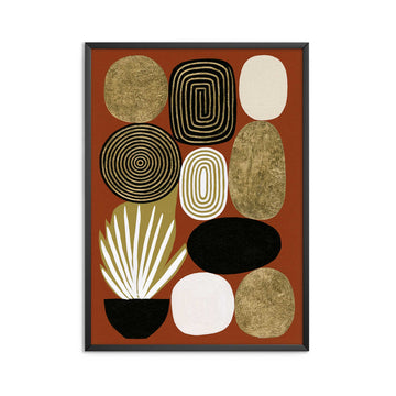 Mid century modern boho abstract art print featuring a collection of stacked geometric pebble shapes on a rust terracotta background. Designs include gold foil textured stones, black concentric circles, concentric white and gold rings, and a potted white spike plant in a black bowl