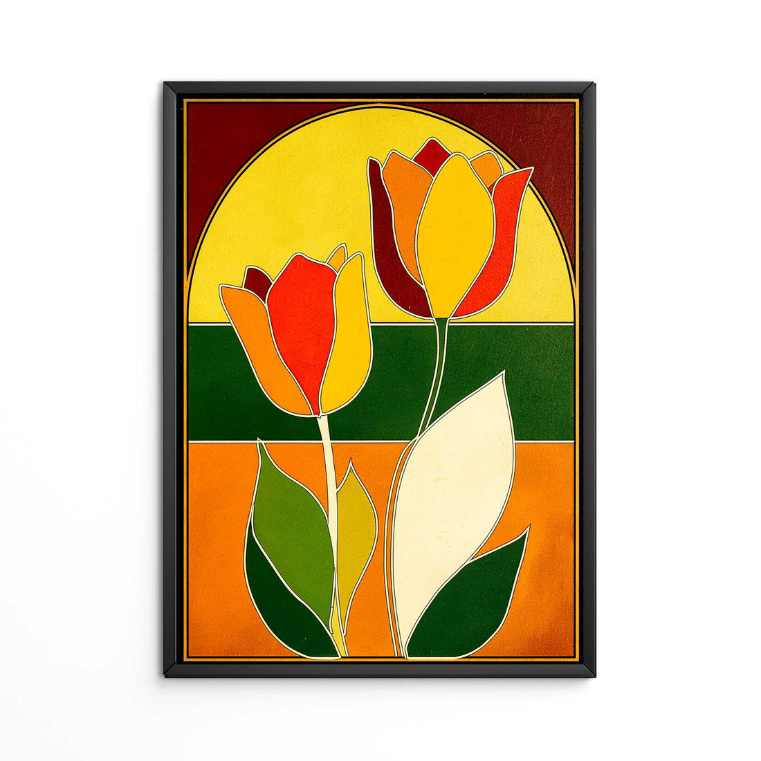 Retro 1970s style mid century modern graphic art print featuring two stylized tulip flowers with white outlines. The design uses bold color-blocked panels of mustard yellow, bright orange, deep forest green, and burgundy red framed inside a large geometric archway