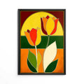 Retro 1970s style mid century modern graphic art print featuring two stylized tulip flowers with white outlines. The design uses bold color-blocked panels of mustard yellow, bright orange, deep forest green, and burgundy red framed inside a large geometric archway