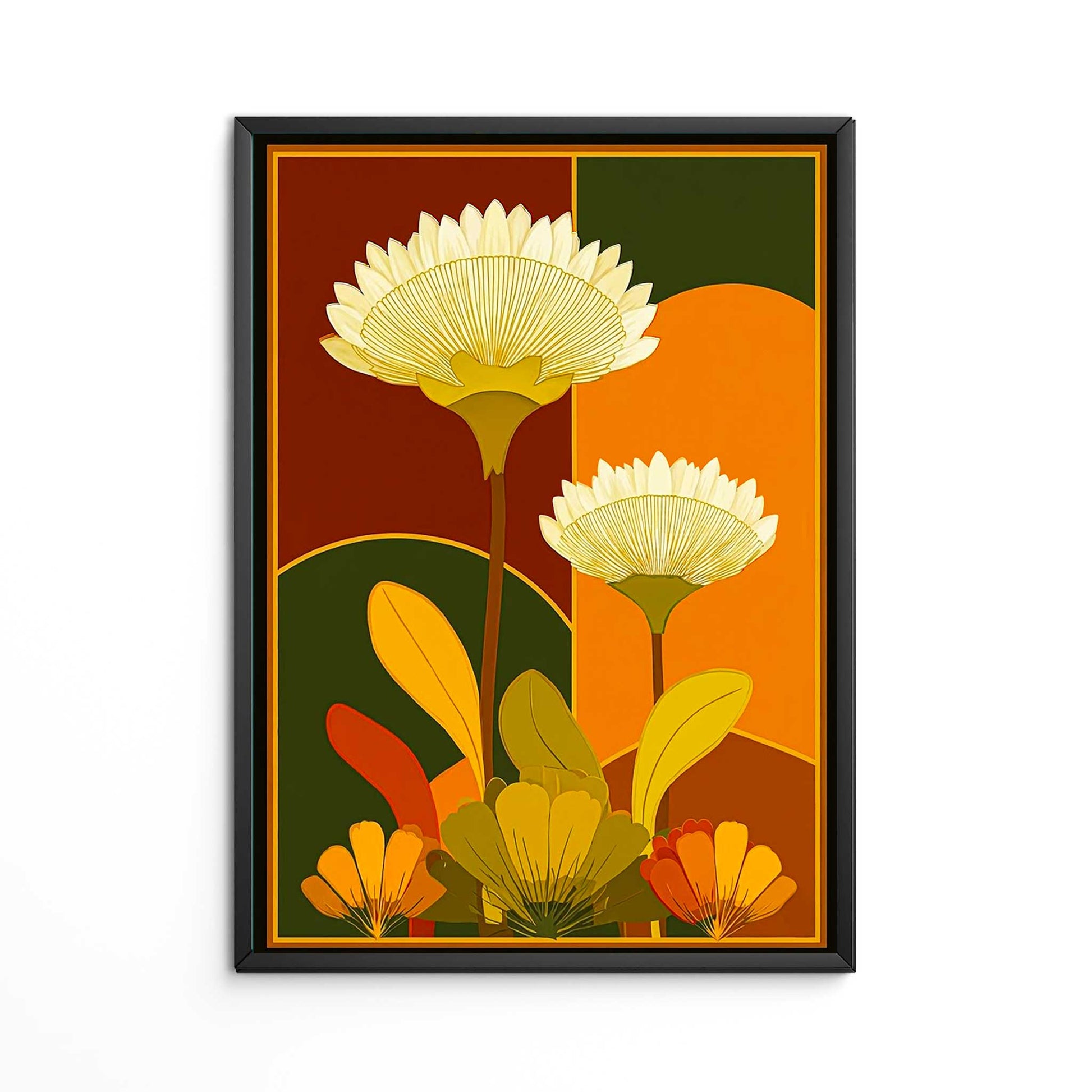 Mid century modern graphic wall art print featuring two large stylized cream flowers on tall stems with yellow, orange, and green leaves. The background shows geometric arches and color block panels in burgundy red, vibrant orange, and deep forest green with a thin gold border frame.