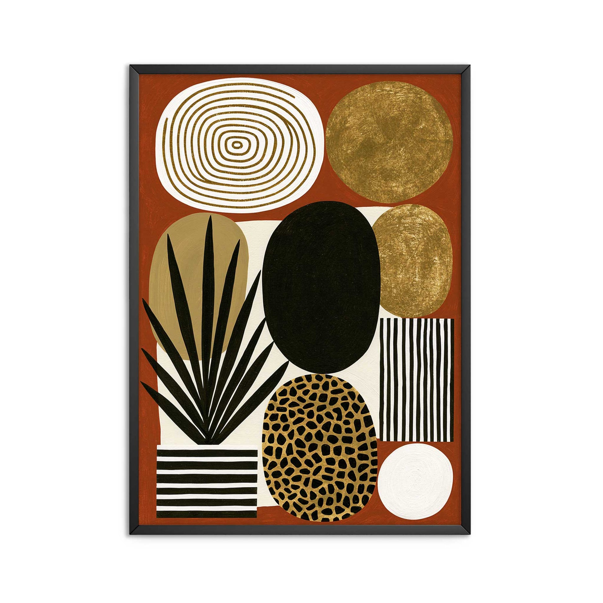 Mid century modern boho abstract art print featuring a geometric arrangement of organic shapes on a terracotta rust background. Graphic elements include a black palm plant in a striped pot, a gold leopard print oval, metallic gold circles, a black and white striped rectangle, and an off-white oval with concentric gold rings.