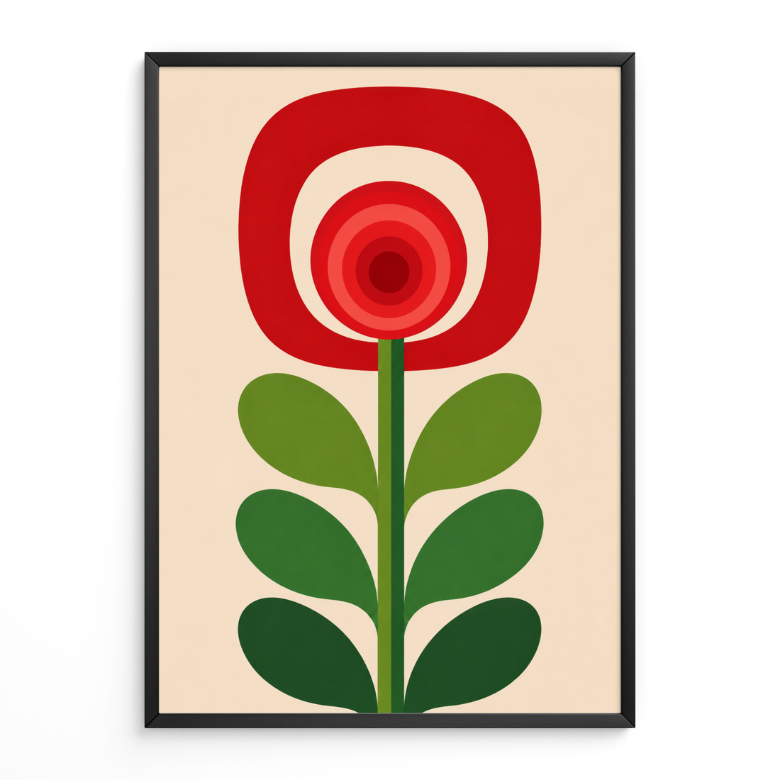 mid Century abstract red flower Print featuring a stylized flower with concentric red circles in a rounded red bloom, green stem, and green leaves on a warm beige