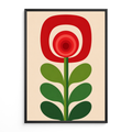 mid Century abstract red flower Print featuring a stylized flower with concentric red circles in a rounded red bloom, green stem, and green leaves on a warm beige