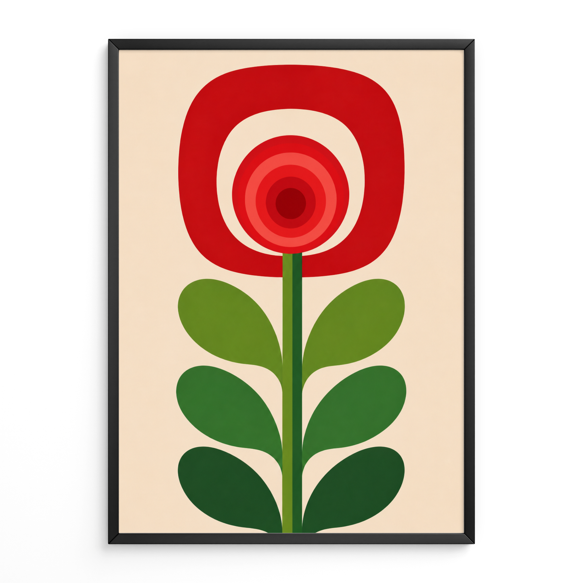 mid Century abstract red flower Print featuring a stylized flower with concentric red circles in a rounded red bloom, green stem, and green leaves on a warm beige
