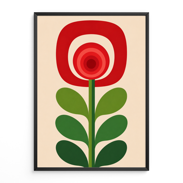 mid Century abstract red flower Print featuring a stylized flower with concentric red circles in a rounded red bloom, green stem, and green leaves on a warm beige