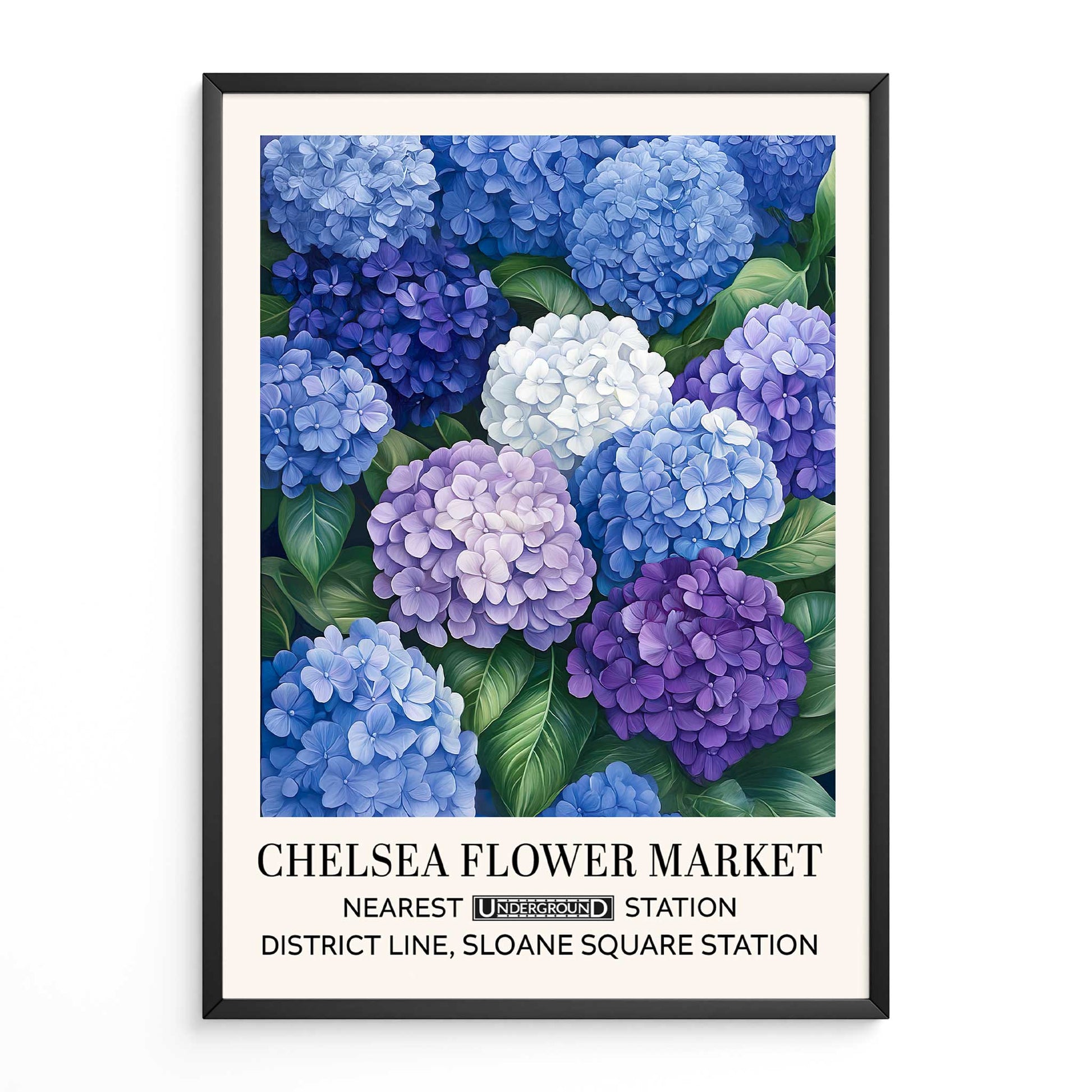 Blue Hydrangea Floral Wall Art Print features clusters of blue and purple hydrangea blooms around a garden path, in a soft, painted style. Framed poster of blue and purple hydrangeas 