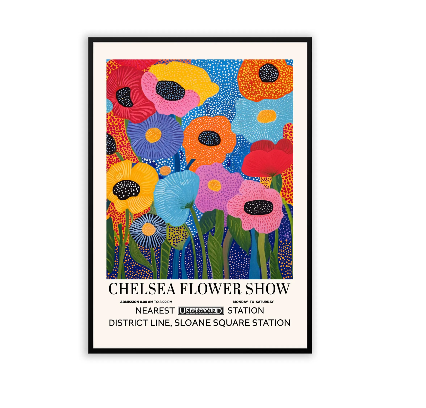 Bold floral wall art print with abstract flower shapes and strong colour contrast.