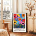 Bold floral wall art print with abstract flower shapes and strong colour contrast.