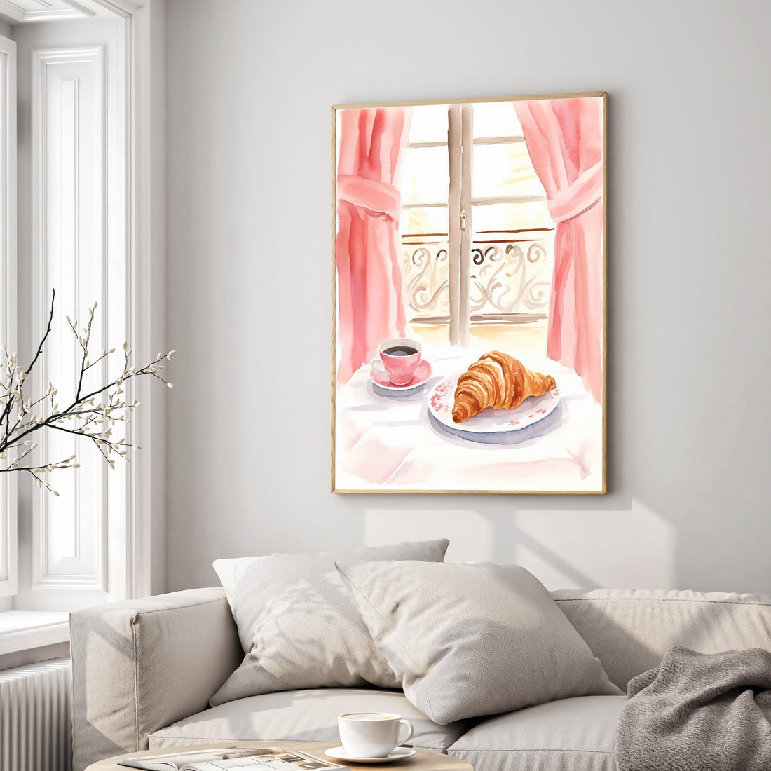 Breakfast in Paris , Window Scene, pink Watercolour Print