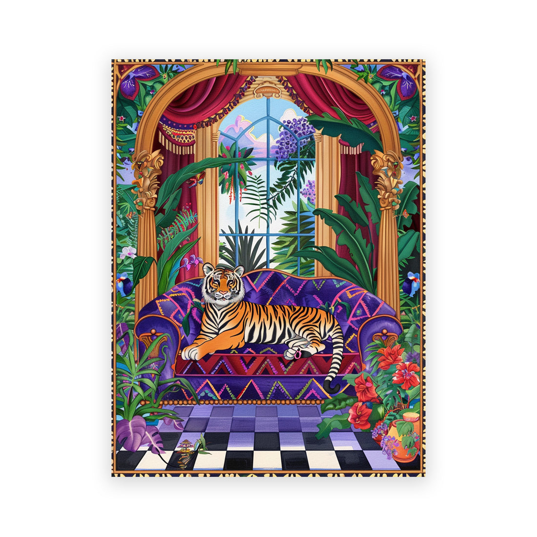 A vibrant and colorful maximalist art print featuring a majestic tiger lounging on a purple patterned couch. The scene is set in an opulent room with large windows showing a lush garden outside. The room is filled with detailed tropical plants, red curtains, and a checkerboard floor, creating an exotic and luxurious ambiance