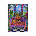 A vibrant and colorful maximalist art print featuring a majestic Lion lounging on a purple patterned couch. The scene is set in an opulent room with large windows showing a lush garden outside. The room is filled with detailed tropical plants, red curtains, and a checkerboard floor, creating an exotic and luxurious ambiance