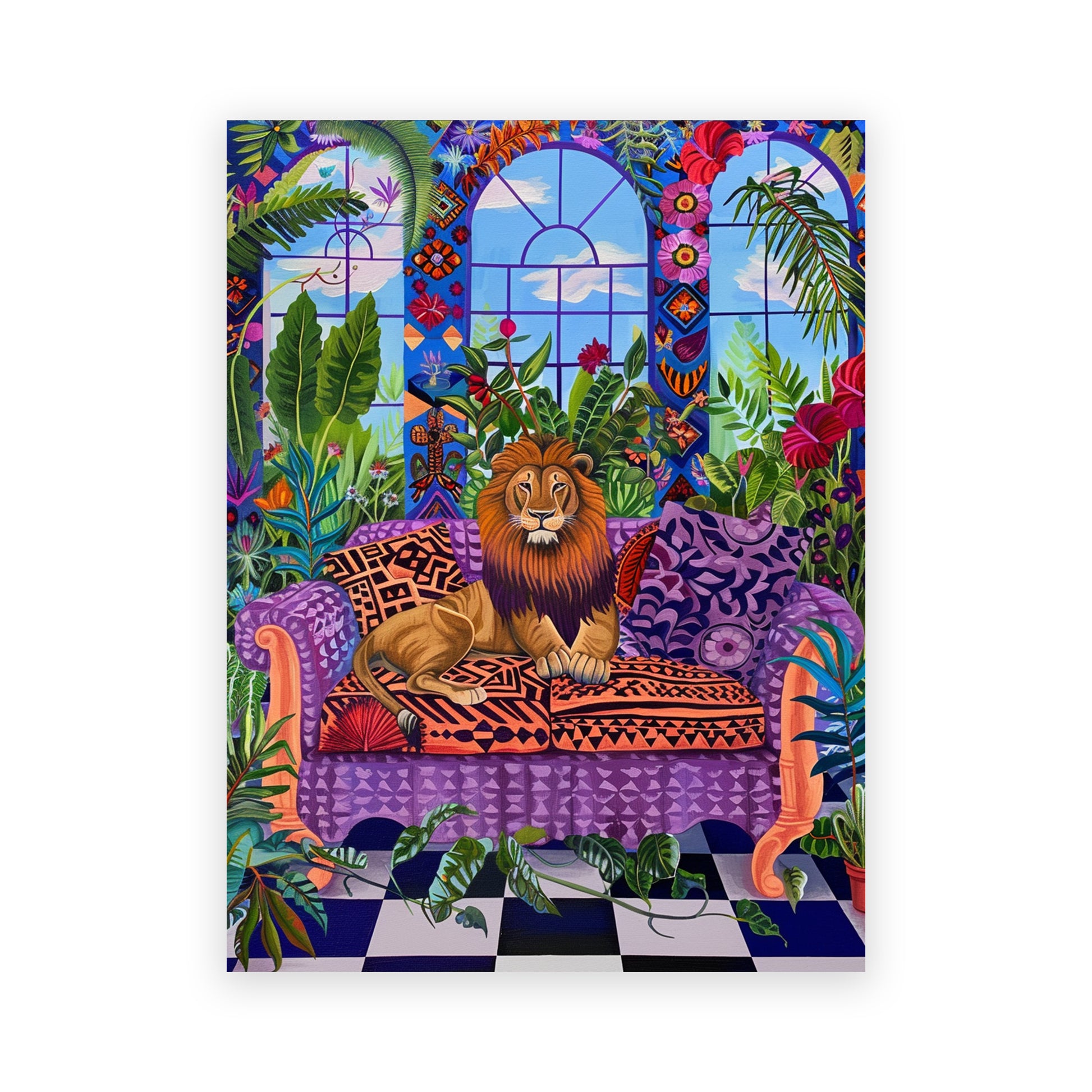 A vibrant and colorful maximalist art print featuring a majestic Lion lounging on a purple patterned couch. The scene is set in an opulent room with large windows showing a lush garden outside. The room is filled with detailed tropical plants, red curtains, and a checkerboard floor, creating an exotic and luxurious ambiance