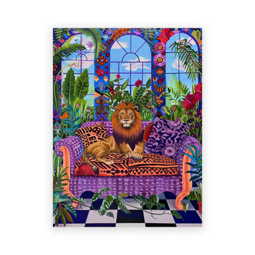 A vibrant and colorful maximalist art print featuring a majestic Lion lounging on a purple patterned couch. The scene is set in an opulent room with large windows showing a lush garden outside. The room is filled with detailed tropical plants, red curtains, and a checkerboard floor, creating an exotic and luxurious ambiance