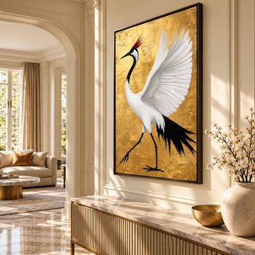 Gold Crane Canvas Wall Art – White Red-Crowned Crane