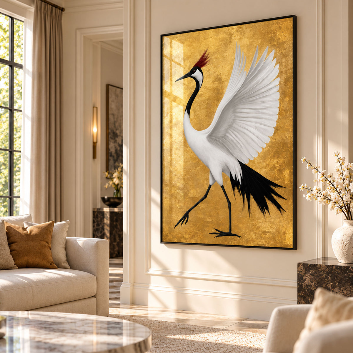  White red-crowned crane with black wing feathers and red crest against a textured gold-coloured background, printed as crane wall art.