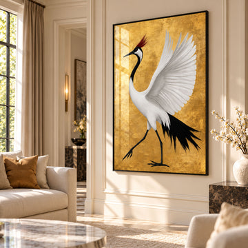  White red-crowned crane with black wing feathers and red crest against a textured gold-coloured background, printed as crane wall art.