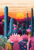 Colorful illustration of a desert landscape with cacti and a sunset.