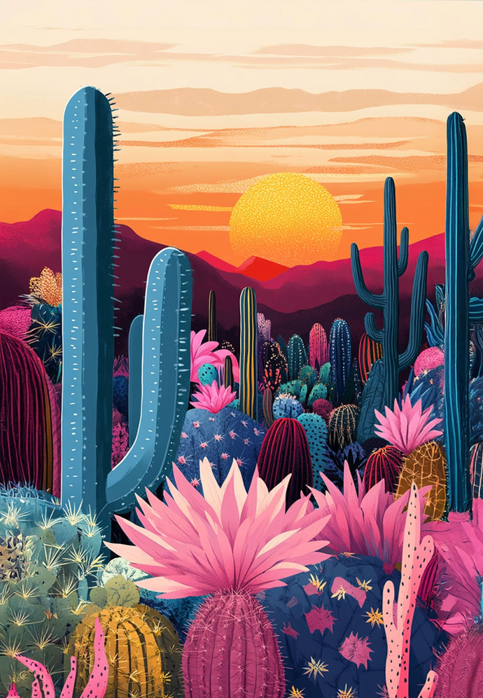 Colorful illustration of a desert landscape with cacti and a sunset.