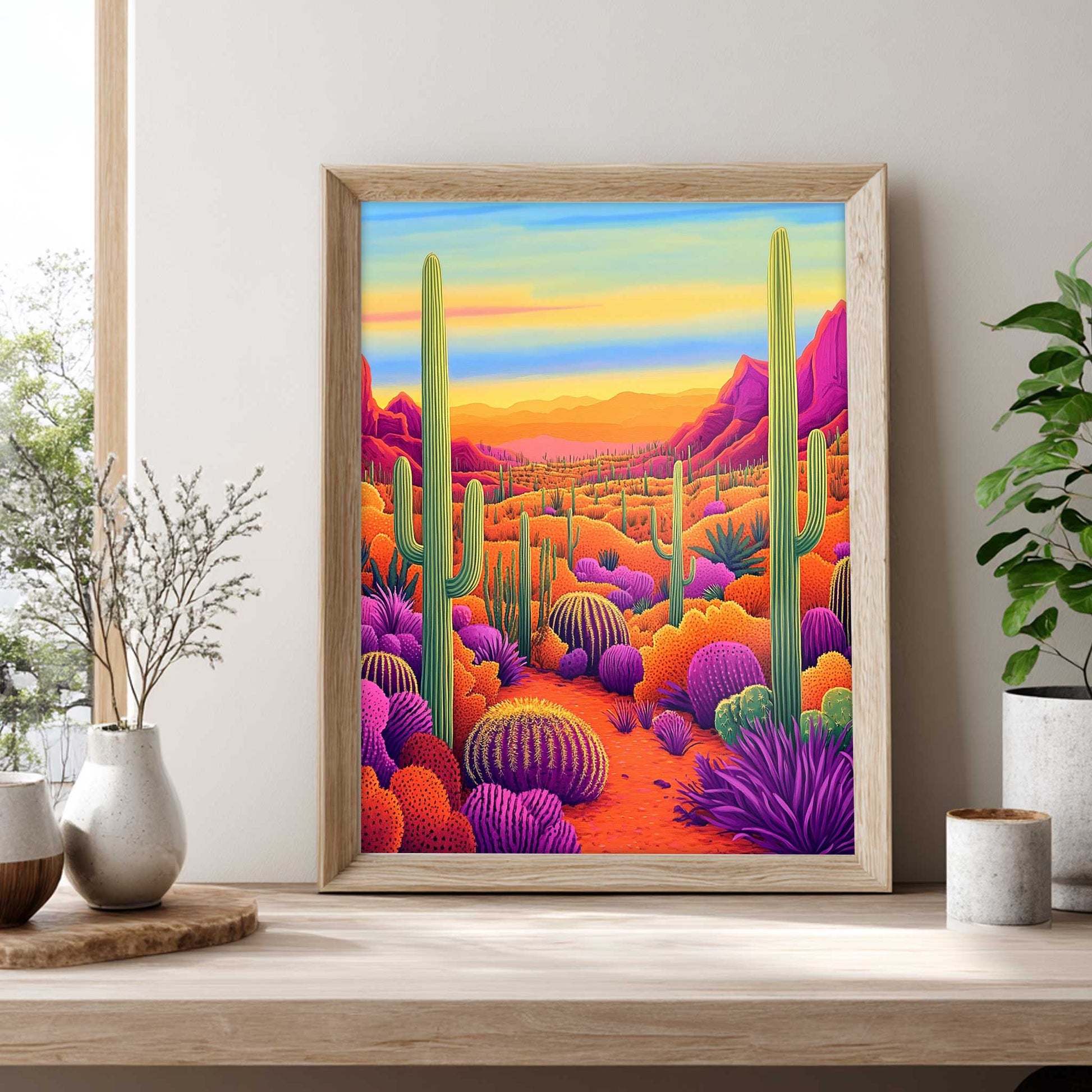 Sonoran desert print featuring cactus landscape and southwest scenery. 