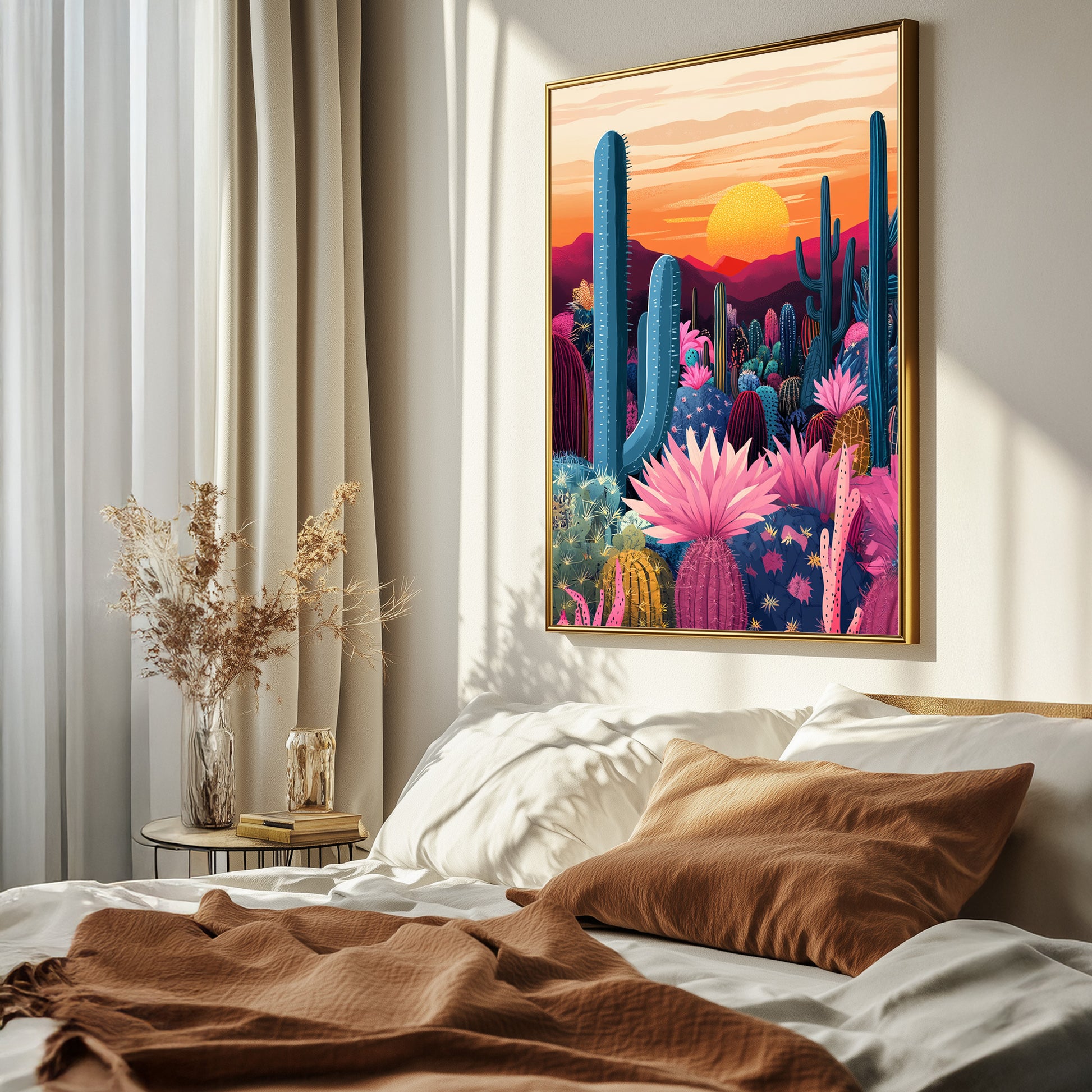 Cactus flower wall art with a desert sunset and detailed cactus plants. This print suits living rooms, bedrooms, and modern interiors. Available framed or unframed.