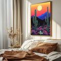 Cactus wall art with desert sunset and mountain landscape