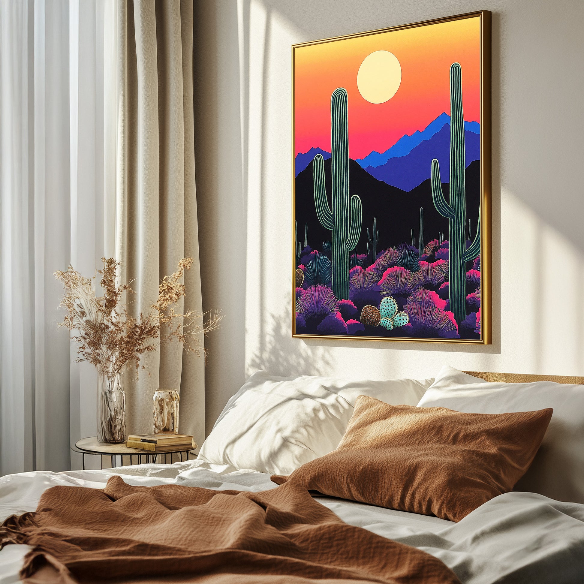 Cactus wall art with desert sunset and mountain landscape