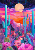 Colorful desert landscape with cacti and flowers under a large moon.