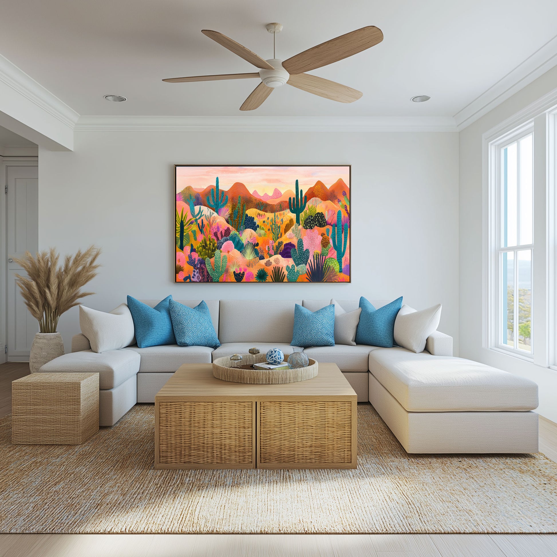 Colorful desert wall art with a cactus landscape and bright plants