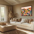 Colorful desert wall art with a cactus landscape and bright plants. This print suits living rooms, bedrooms, and modern interiors. Available framed or unframed.