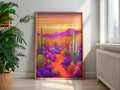 Colorful southwestern  desert landscape painting in a wooden frame on a wall with plants and a radiator in the room.