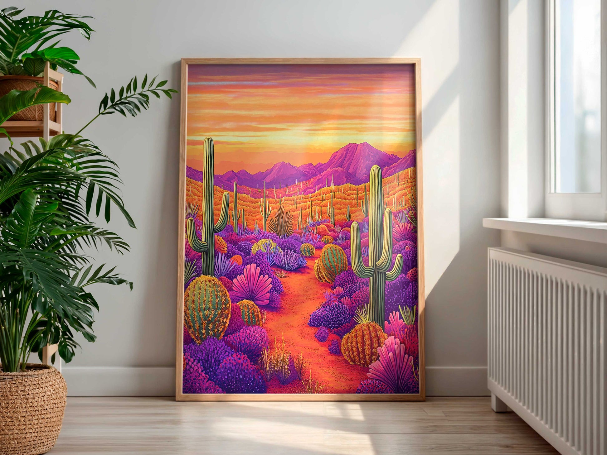 Colorful southwestern  desert landscape painting in a wooden frame on a wall with plants and a radiator in the room.