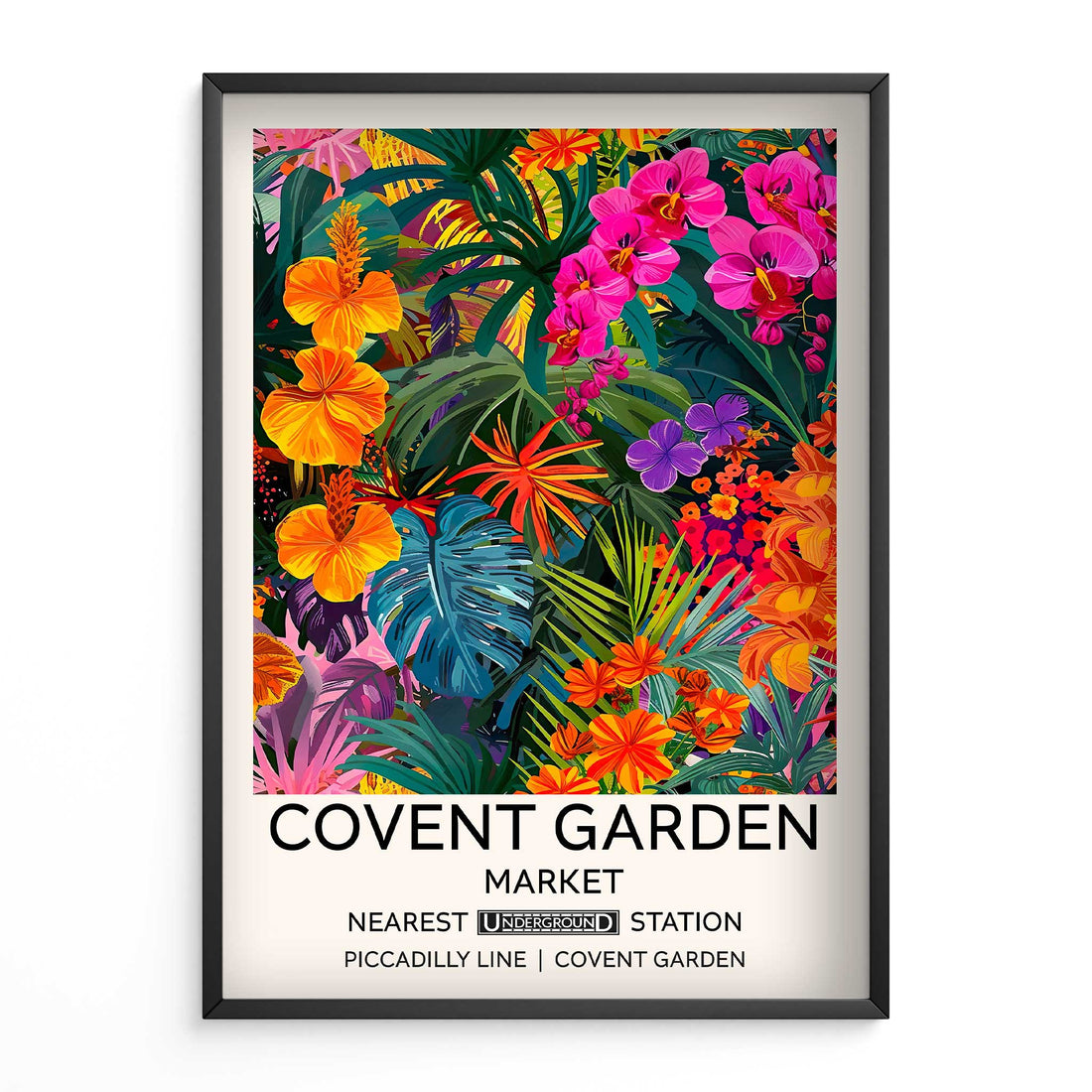 Covent Garden Flower Market Wall Art Print featuring illustrated tropical flowers and foliage in a vibrant flower market poster, with London location typography.Vibrant Floral Print Tropical Garden Wall Art . Vintage Pink Yellow Flower Poster