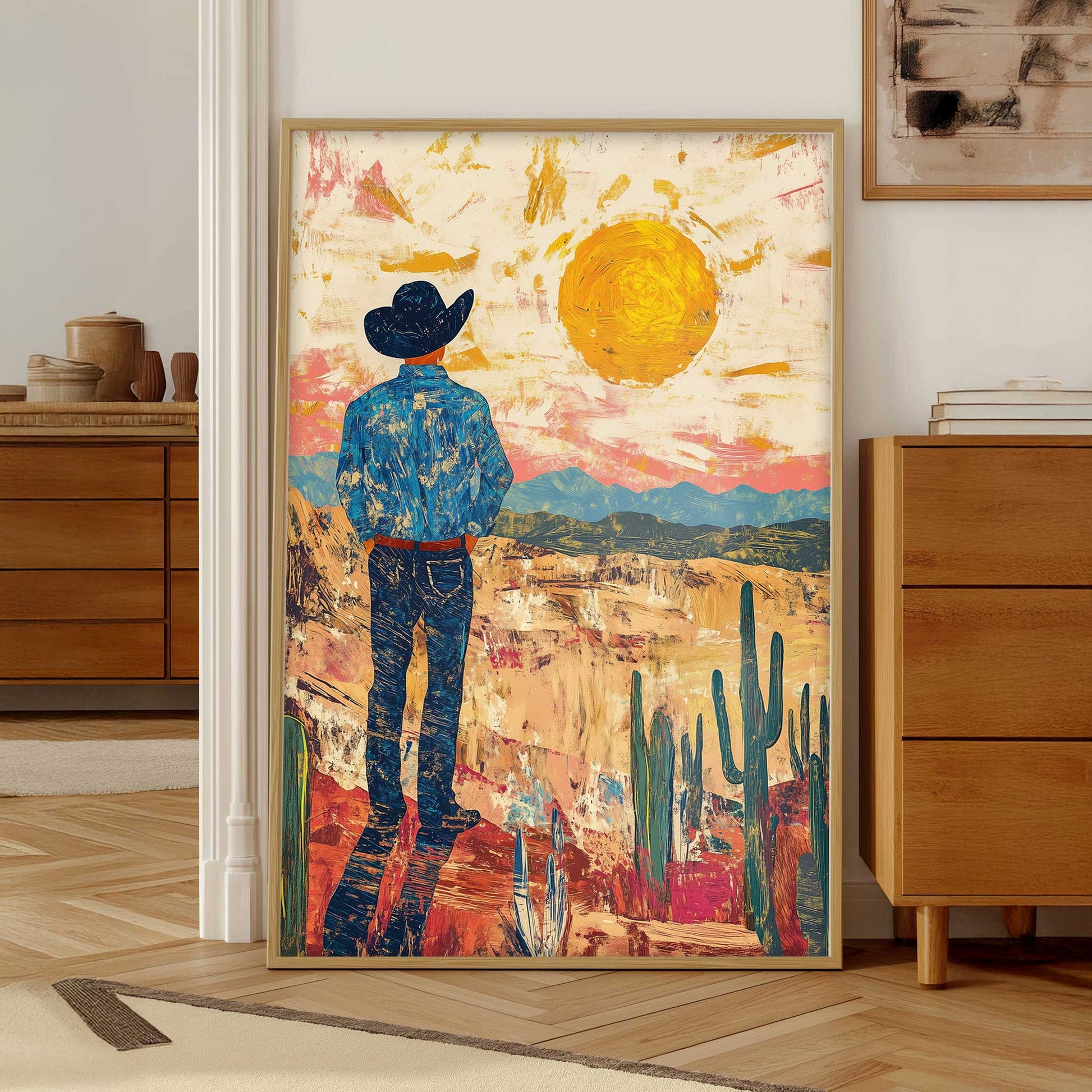 Framed artwork  Western Desert Wall Art Cowboy Landscape Print