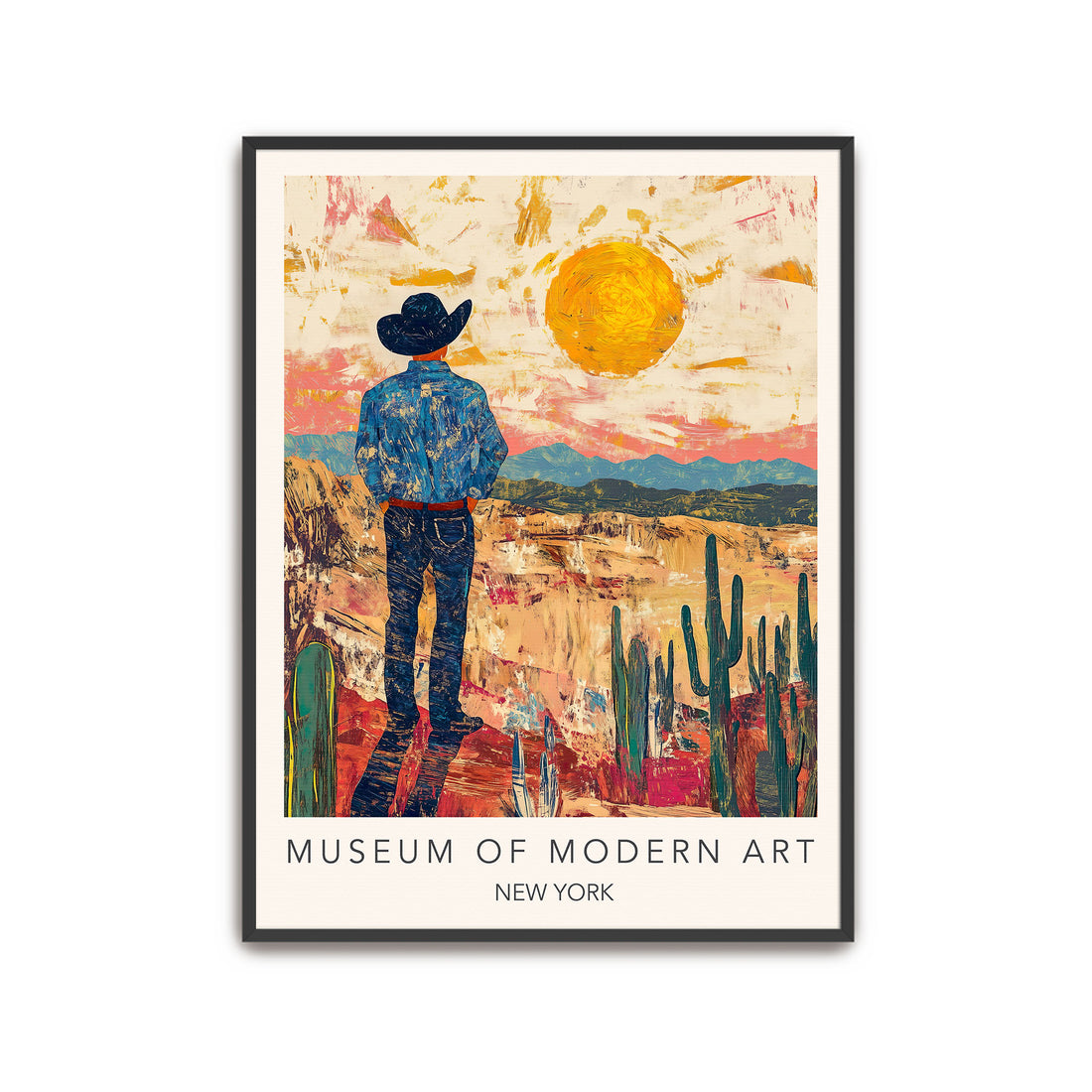 Framed artwork of a cowboy in a desert landscape with a large sun