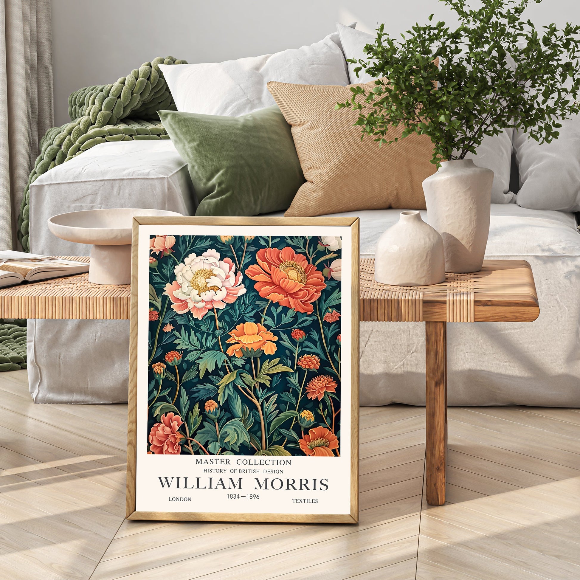 Dark Peonies Floral Wall Art featuring vintage red and pink peony flowers. in brown frame