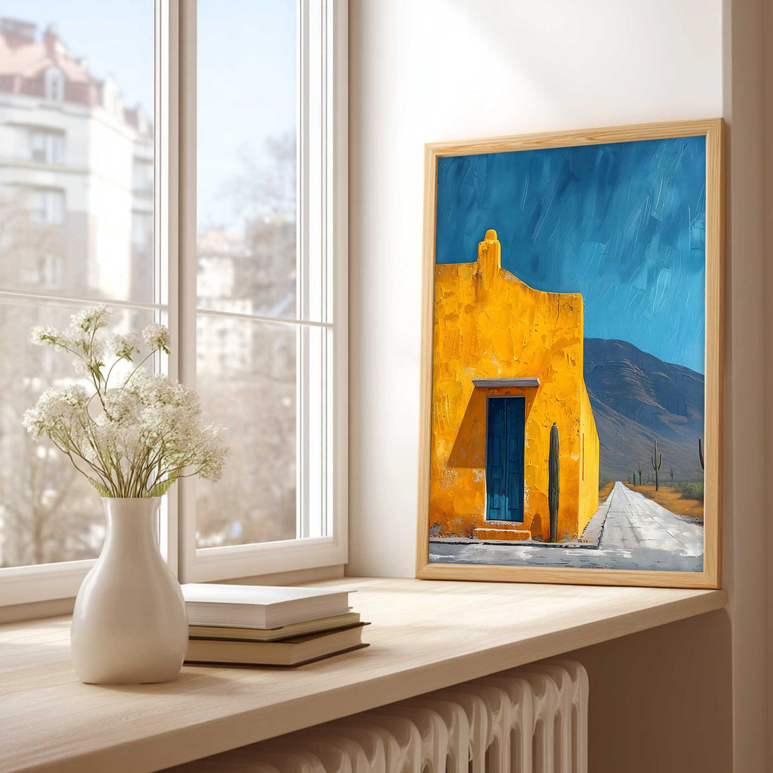 desert house wall art southwest architecture print open road, and cactus landscape under a clear blue sky.