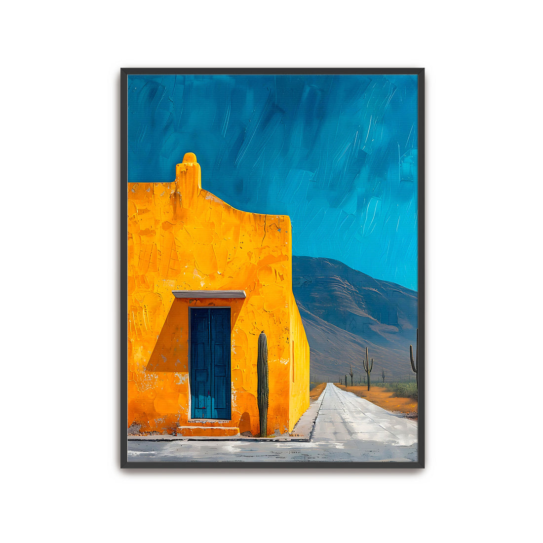 desert house wall art southwest architecture print open road, and cactus landscape under a clear blue sky.