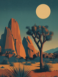 Desert landscape with rocky formations and a Joshua tree under a large moon.