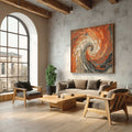 Orange abstract canvas wall art in burnt orange, terracotta and charcoal tones. Free shipping. Choose floating framed, stretched or rolled canvas in multiple sizes
